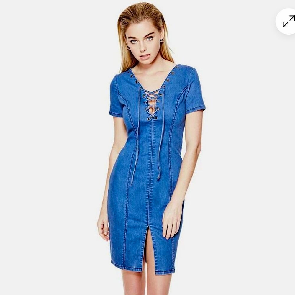 Guess Denim Lace-Up Midi Dress